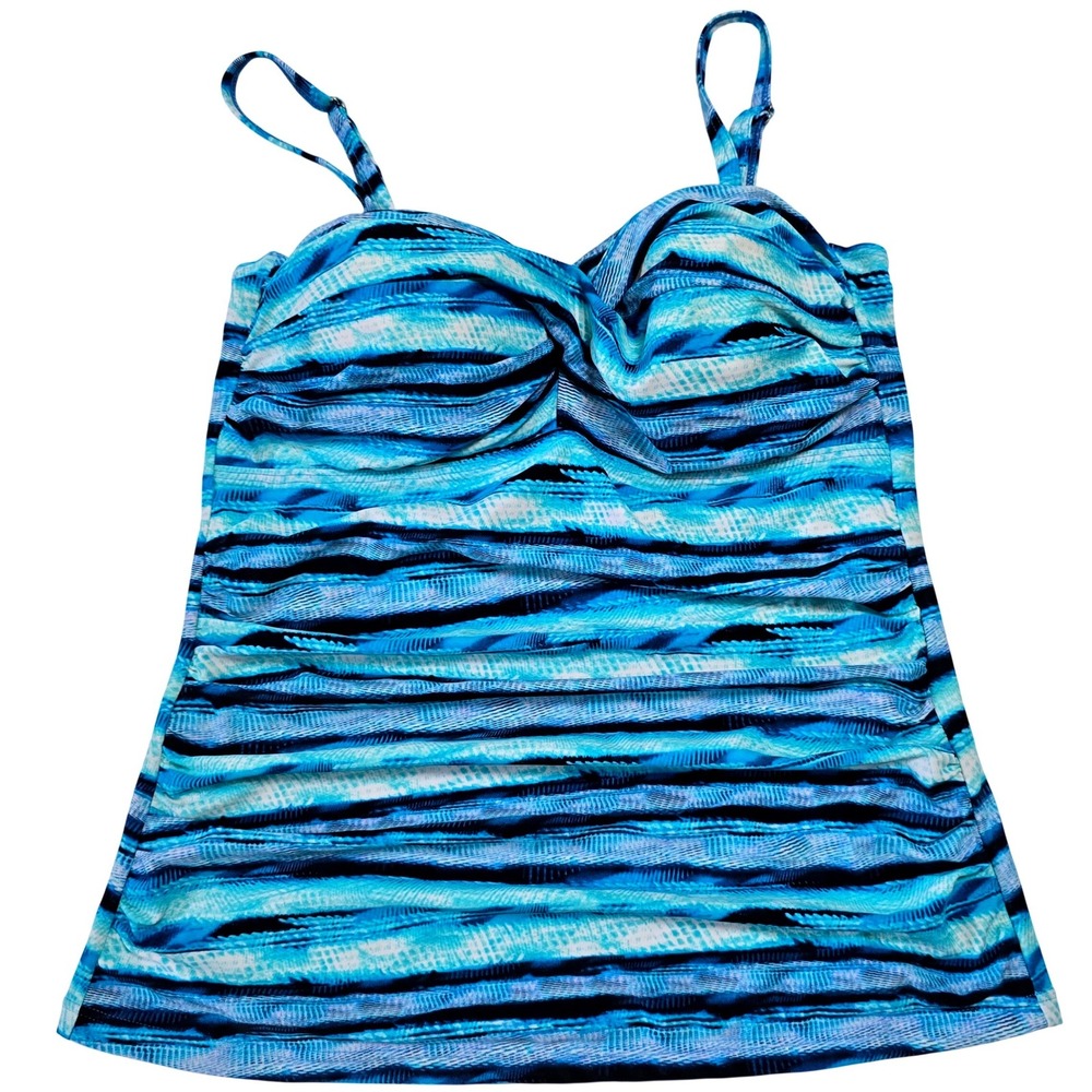 Unbranded Women Size XL Tankini Swim Top Blue Striped Ruched Molded Cups